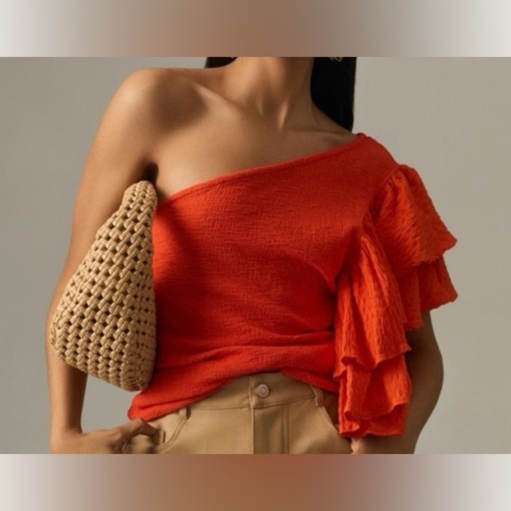 Anthropologie One Shoulder Orange Ruffles Top Women’s XXS